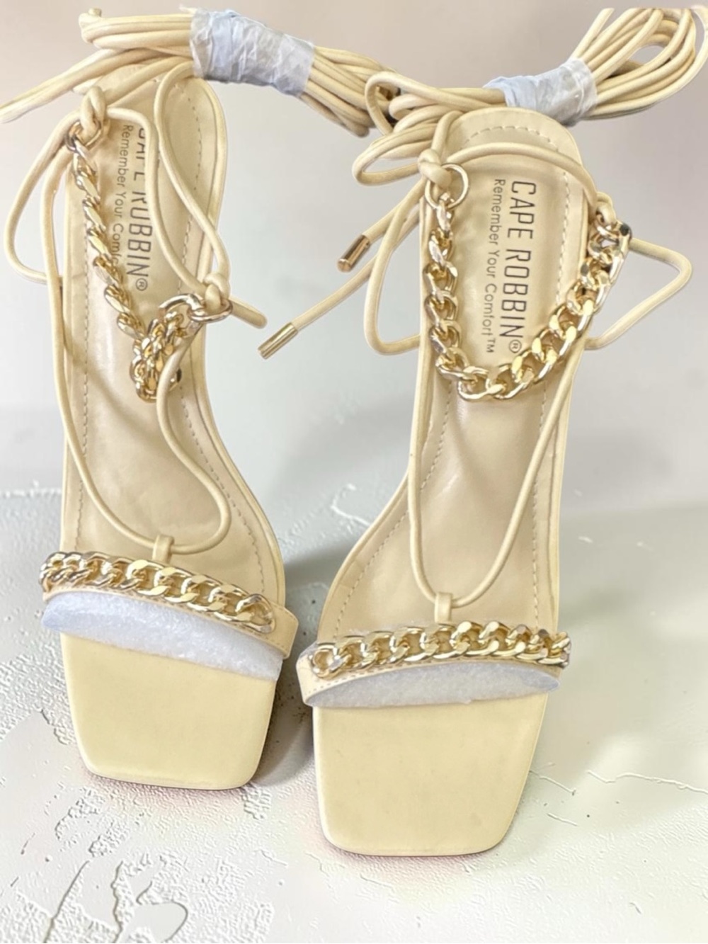 Cape Robbin Beige Lace-Up Heeled Sandals with Gold Chain